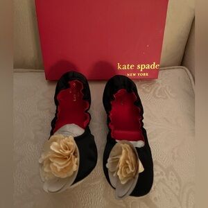 Kate Spade-Charlene black satin cream, Pom Pom slip on! NWT